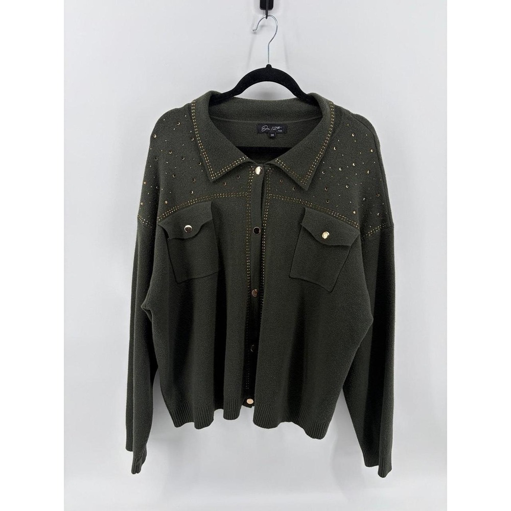 On 12th, Cardigan, Olive Green, Gold Studded Button Front, Women's, 3X, Pre-Own